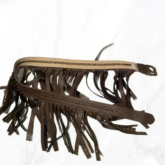 BCBG brown braided stylish vegan leather casual trendy bohemian fringe belt  S - Picture 1 of 2